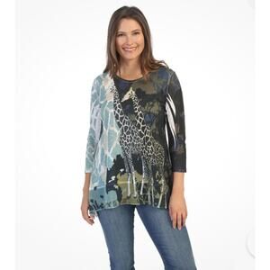 Jess & Jane Kenya women's tunic top size XL giraffe print sharkbite hem